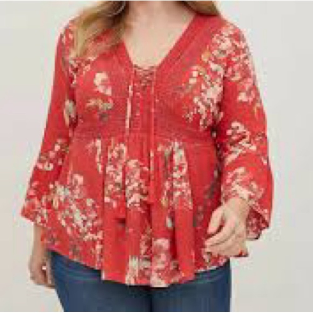 Torrid Babydoll Crochet Trim Lace Up Top 3/4 Bell Sleeves Orange Size 3X Plus